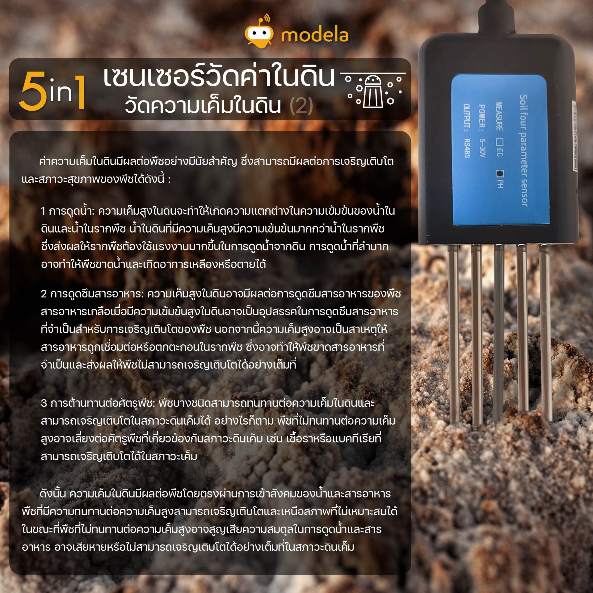 เซนเซอ์วัดค่าในดิน 5 in 1 PH  EC ในดิน อุณหภูมิในดิน ความชื้นในดิน